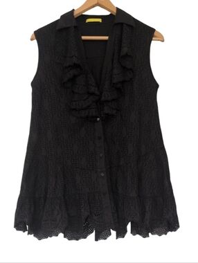 Catherine Malandrino Eyelet Button Down Dress Black Size Small Collar Sleeveless